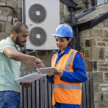 What Is a Heat Pump? An air source heat pump on the side of a home being installed.